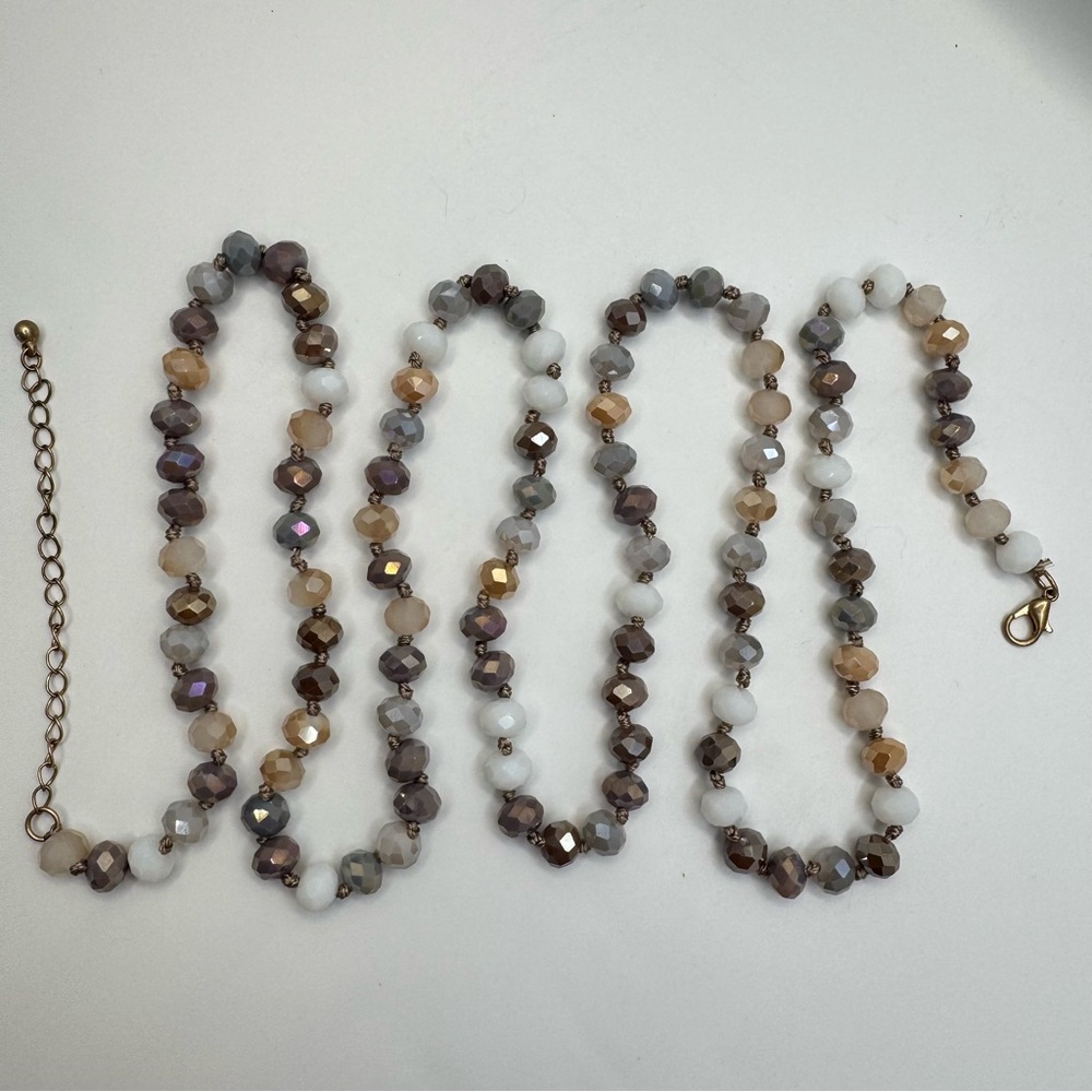 Faceted Glass Bead Necklace Neutral Tones Hand Knotted View 3